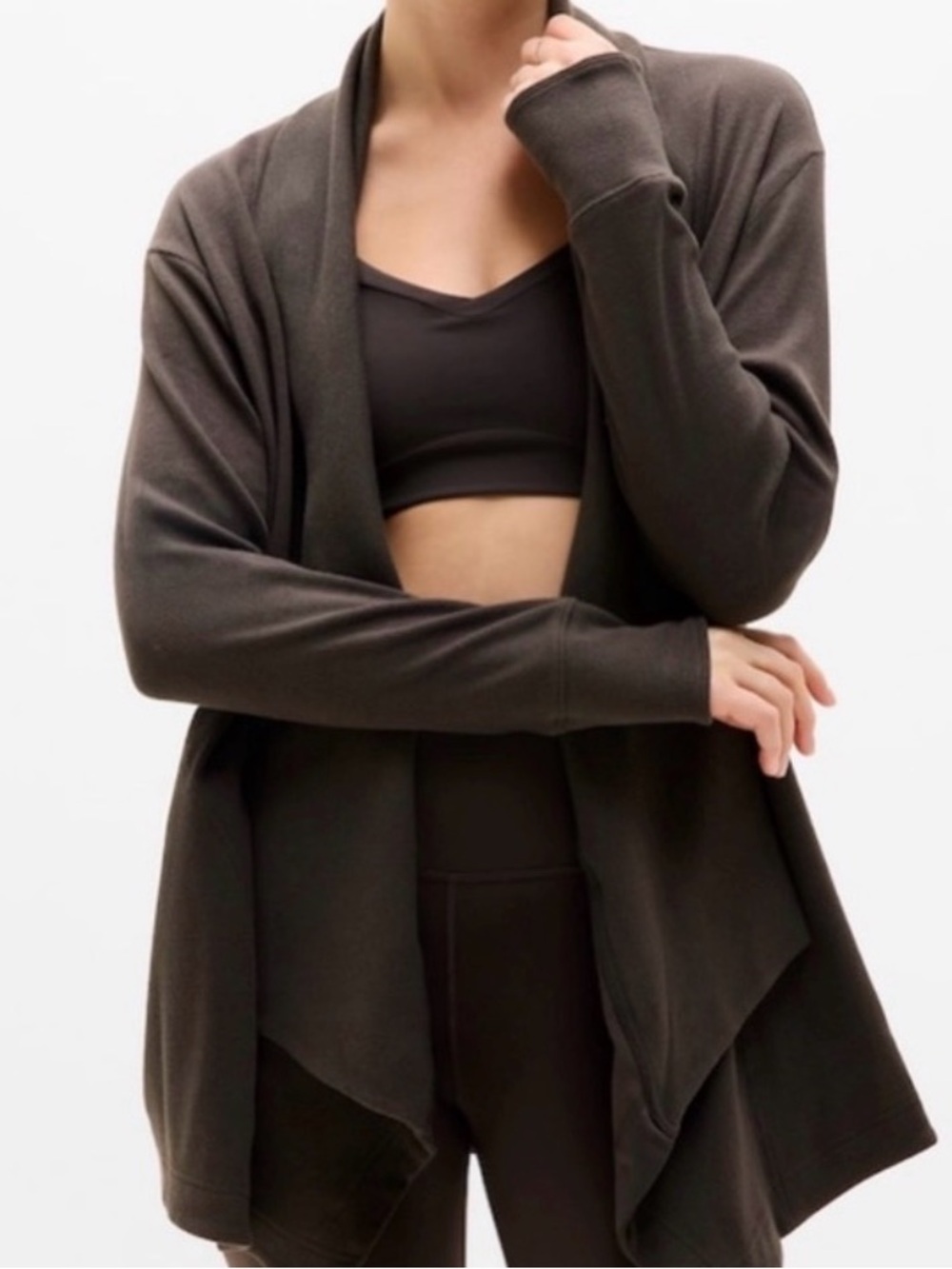 Athleta Pranayama Open-Front Draped Cardigan Sweater Wrap - chocolate brown